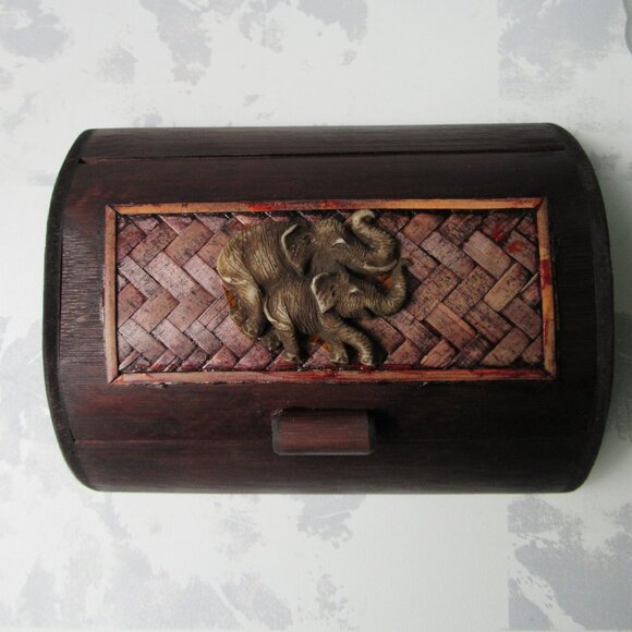 Handmade Curved Rectangular Decorative Wood Box with Elephant Made in Myanmar - Picture 1 of 10